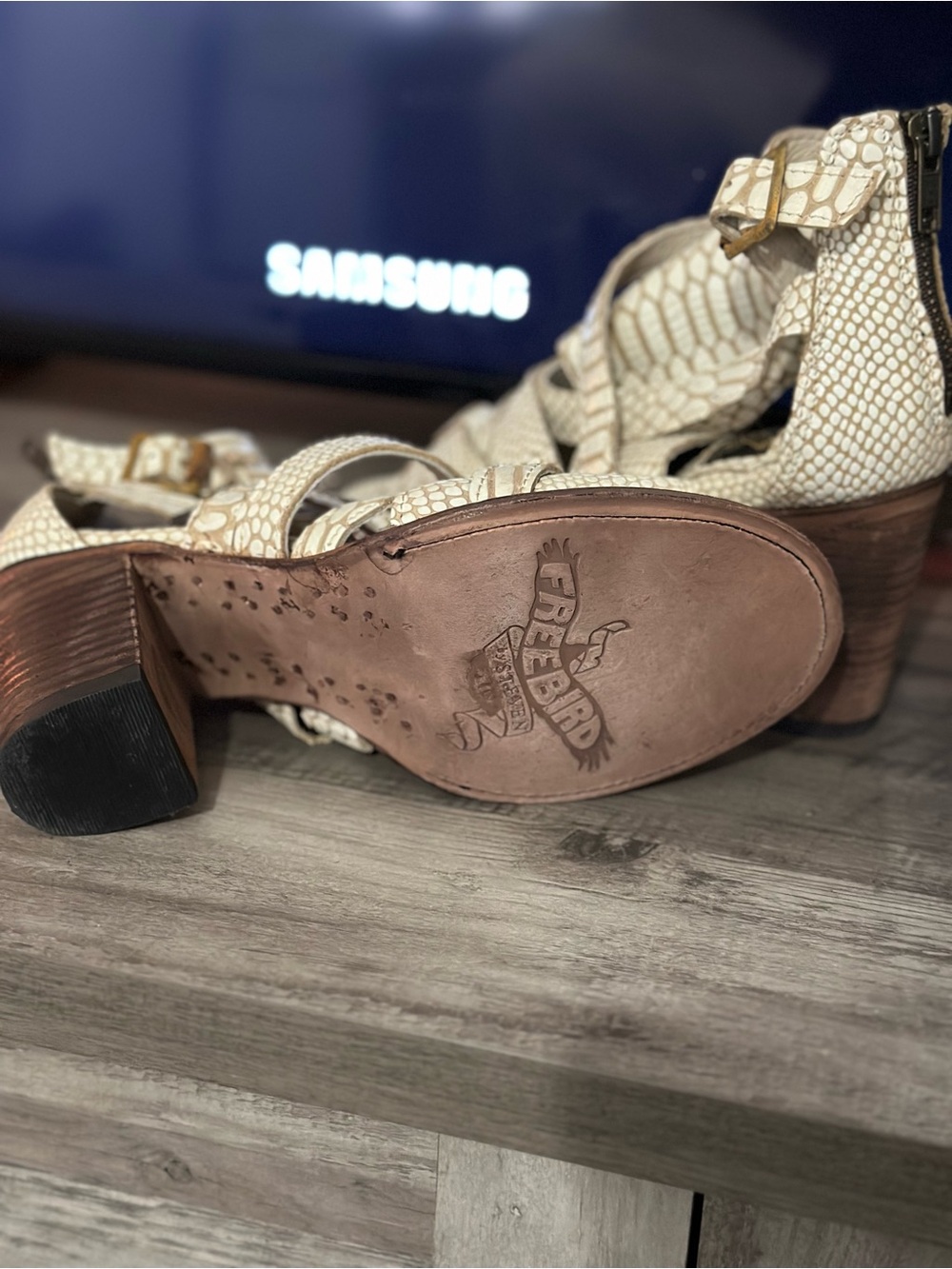 Freebird by Steven Cream Croc-Embossed Strappy Block Heel Sandals - Picture 2 of 3